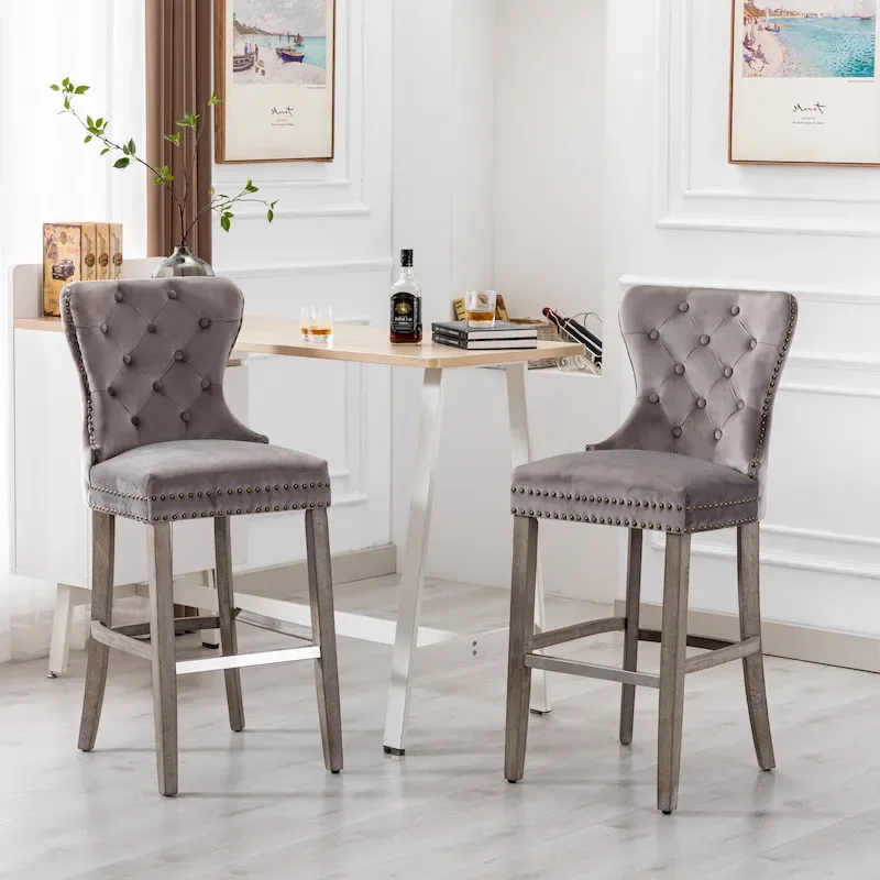Carter 29 Wingback Tufted Nailhead Bar Stool (Set of 2), Antique Grey Legs