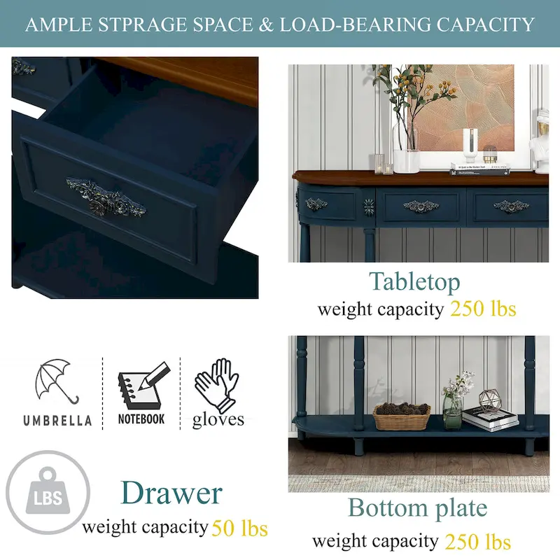 52 inch Circular Half Moon Sofa Table with Open Shelf and 2 Drawers