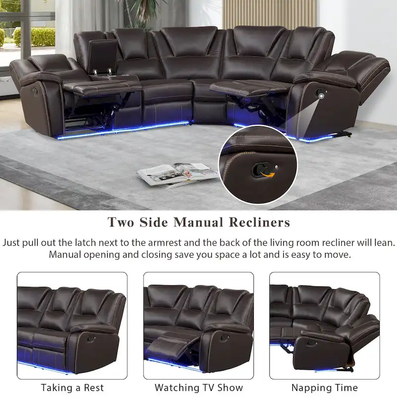 Modern Faux Leather Manual Reclining with Center Console with LED Light Strip,Living Room Furniture Set,PU Symmetrical Couch