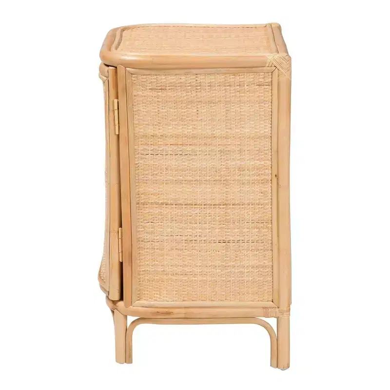 Natural Rattan Nightstand, Brown, Single Door with 2 Shelves