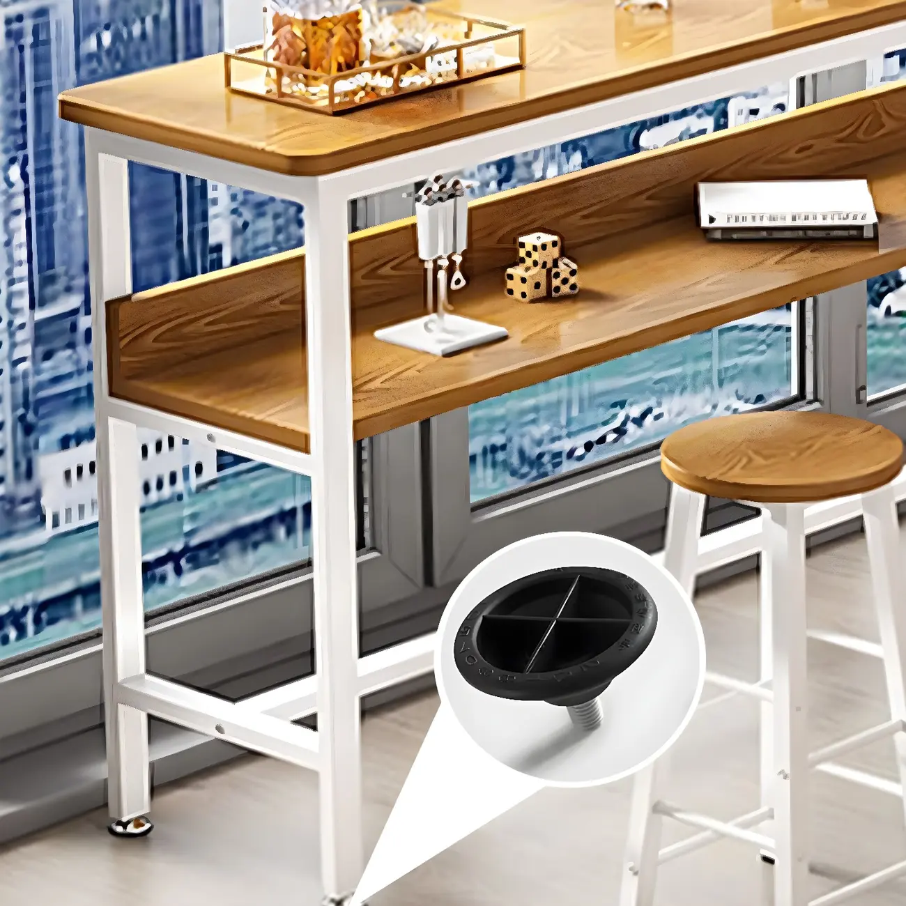 Modern Wooden Metal Base Shelf Bar Table with Footrest