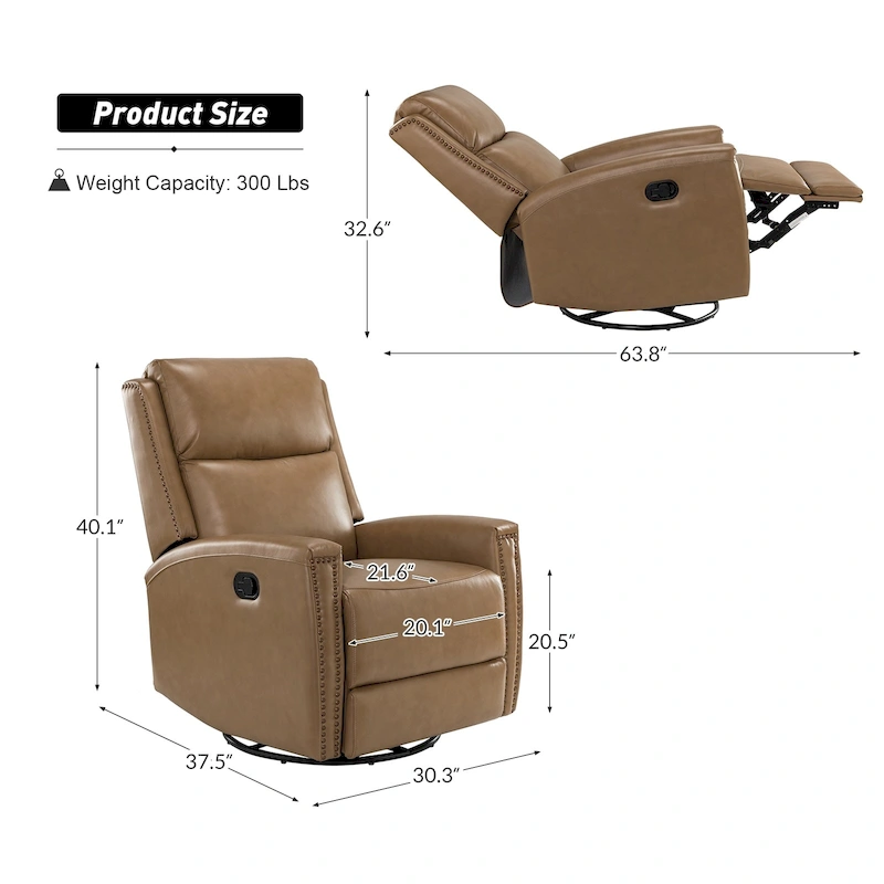 Fiacro 30.31Wide Modern Genuine Leather Wingback Swivel Rocker Recliner with Nailhead Trims