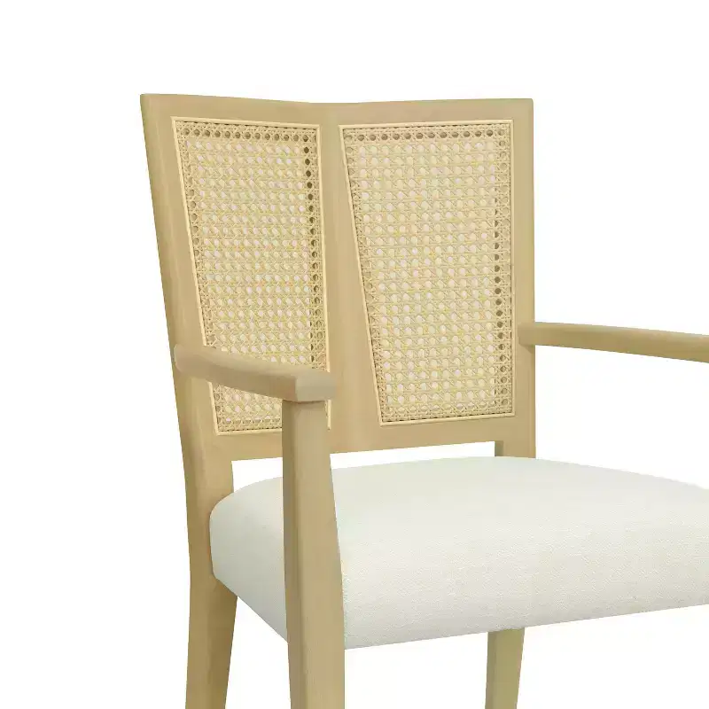 Beige/Dark Brown Upholstered Dining Arm Chairs with Rattan Back, Set of 2