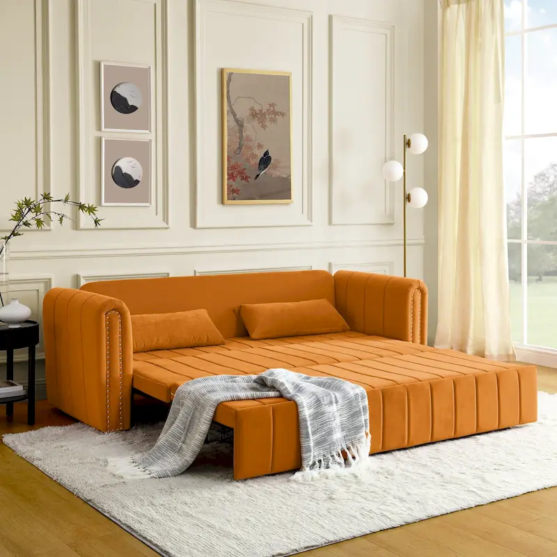 Modern 68 Foam 3 in 1 Pull-Out 3-seaters Bed Sleeper Sofa with Copper Nails and Two Drawers