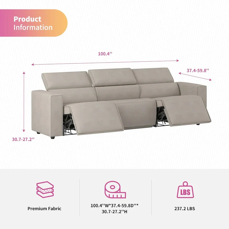 Mixoy Power Reclining Sofa, Faux Leather Electic Sofa Recliner,Theater Seating Furniture with USB Charging Station