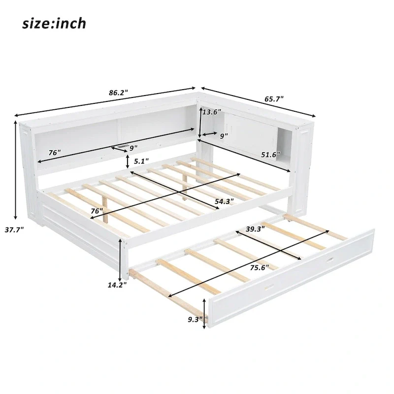 Full Daybed with Shelves, USB Charging, LED Lights & Twin Trundle