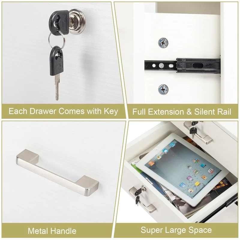 3-Drawer Rolling Wood File Cabinet with Lock