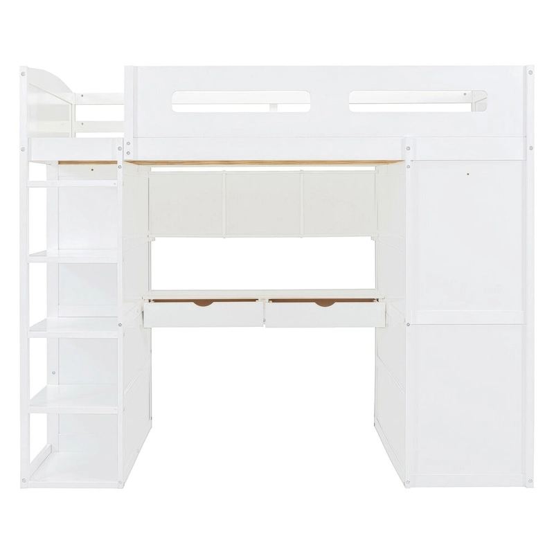 Merax Loft Bed with Desk, Wardrobes, 4 Drawers and 4 Shelves