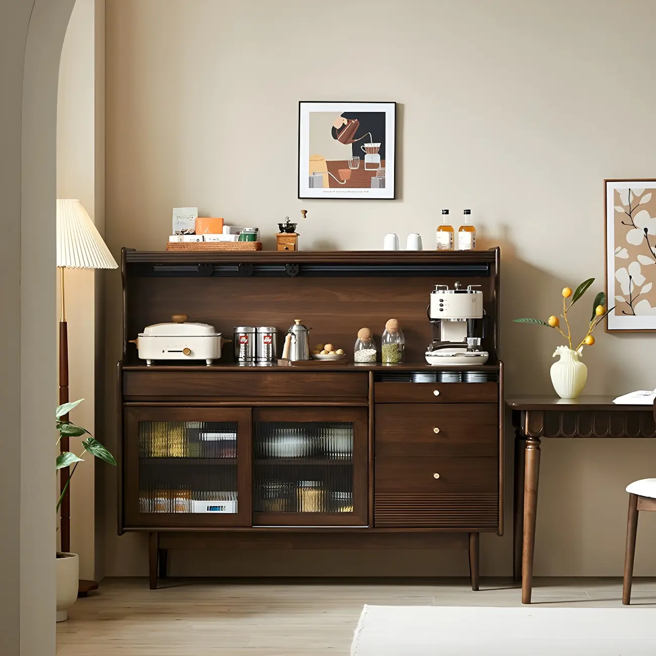 Wooden Sideboard with Glass Sliding Doors, Drawers & Cabinets
