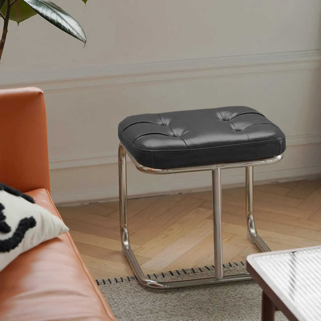 Modern Rectangular Cushioned Leather Bedroom Bench