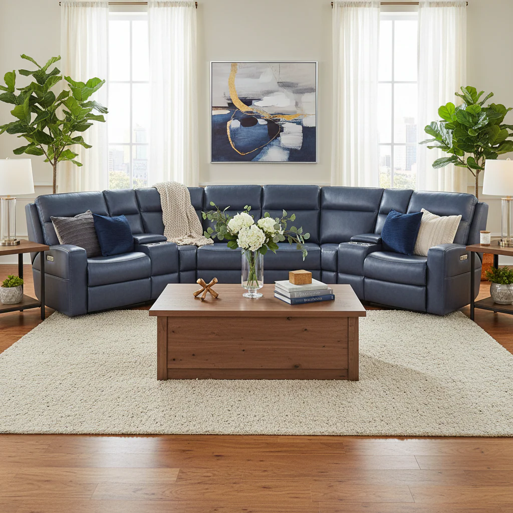 110 W Width Genuine Leather Power Recliner Sectional with Storage, USB&USB-C Port for Living Room