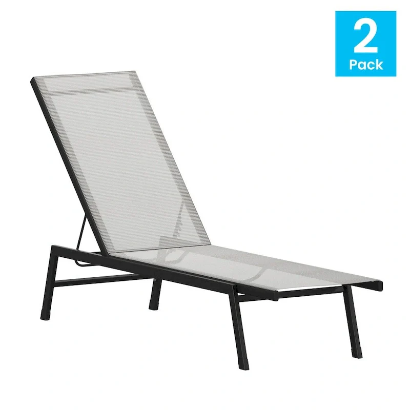Set of 2 All-Weather Textilene Adjustable Chaise Lounge Chairs with Arms
