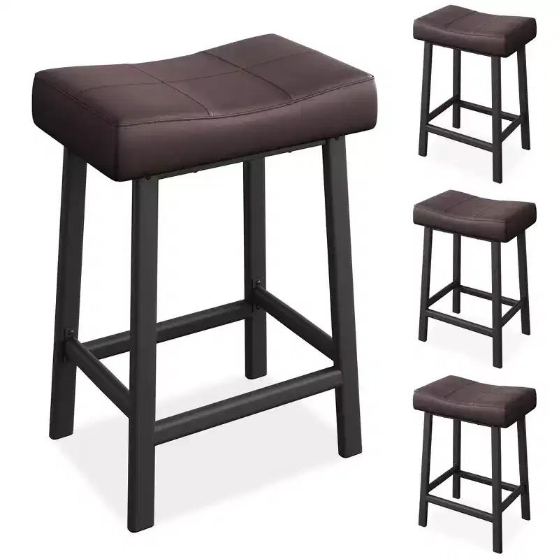 Counter Height Bar Stools Set of 4, 24 Inch Barstools for Kitchen Island Counter, Upholstered Padded Saddle Chairs with Curved Cushion, Brown