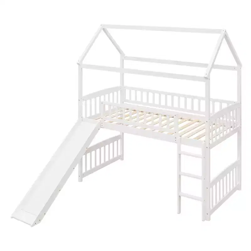 Twin House Loft Bed with Slide, Wood Playhouse Loft Bed Frame with Ladder and Roof