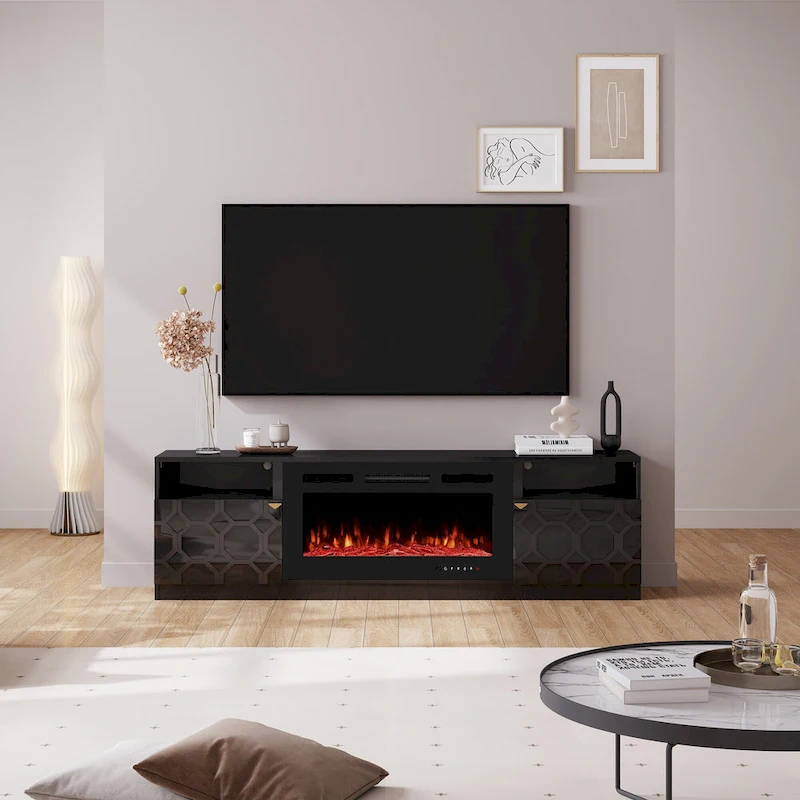 Clihome 36 Electric Fireplace High Gloss 70 TV Stand