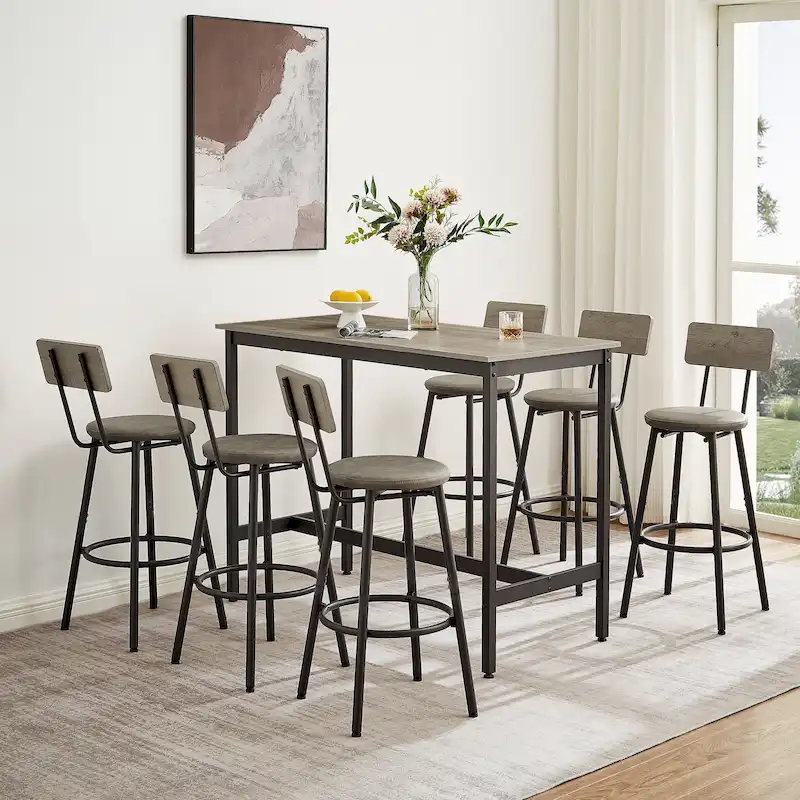 Rustic Style 7-Piece Dining Set with Rectangular Table and PU Leather Bar Chairs