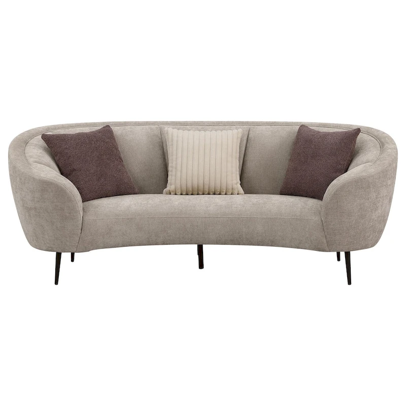Zui Curved Sofa, 92 Inch, Beige Fabric, Round Design, 3 Accent Pillows