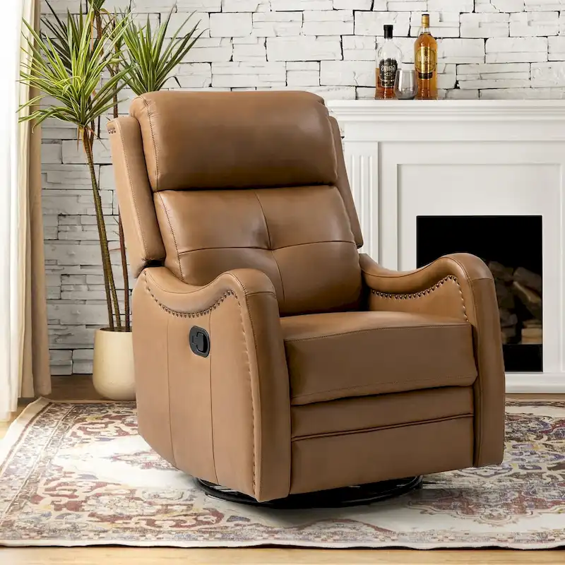 Genuine Leather Swivel Rocker Recliner with Nailhead Trims by