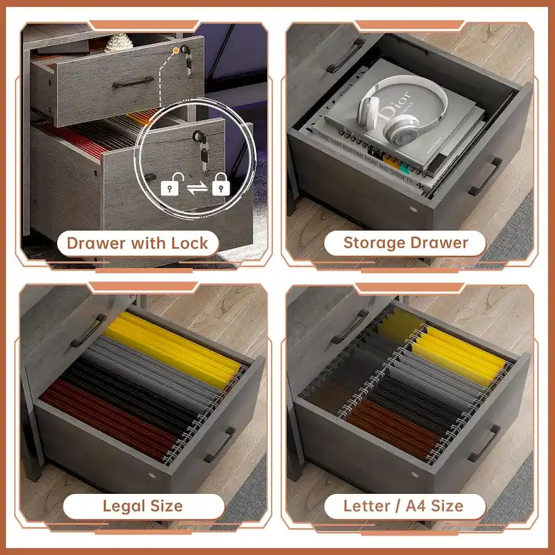 LED Computer Desk With Lock Drawers Keyboard Tray Power Outlet