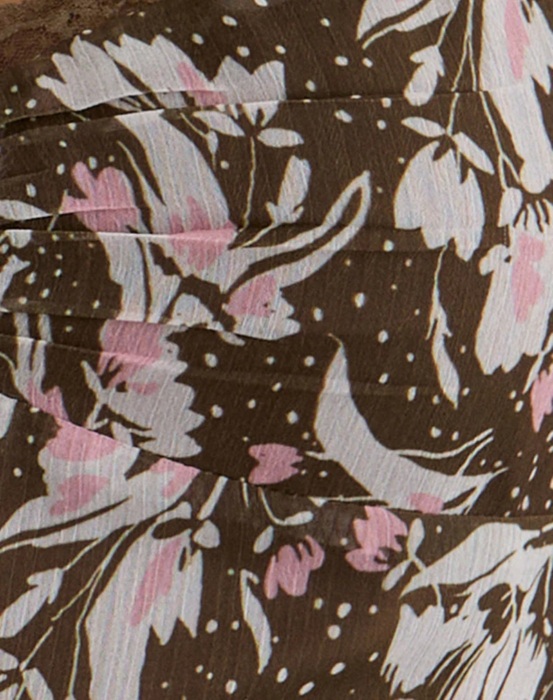Daita Midi Dress in Chiffon Polka Flower Brown