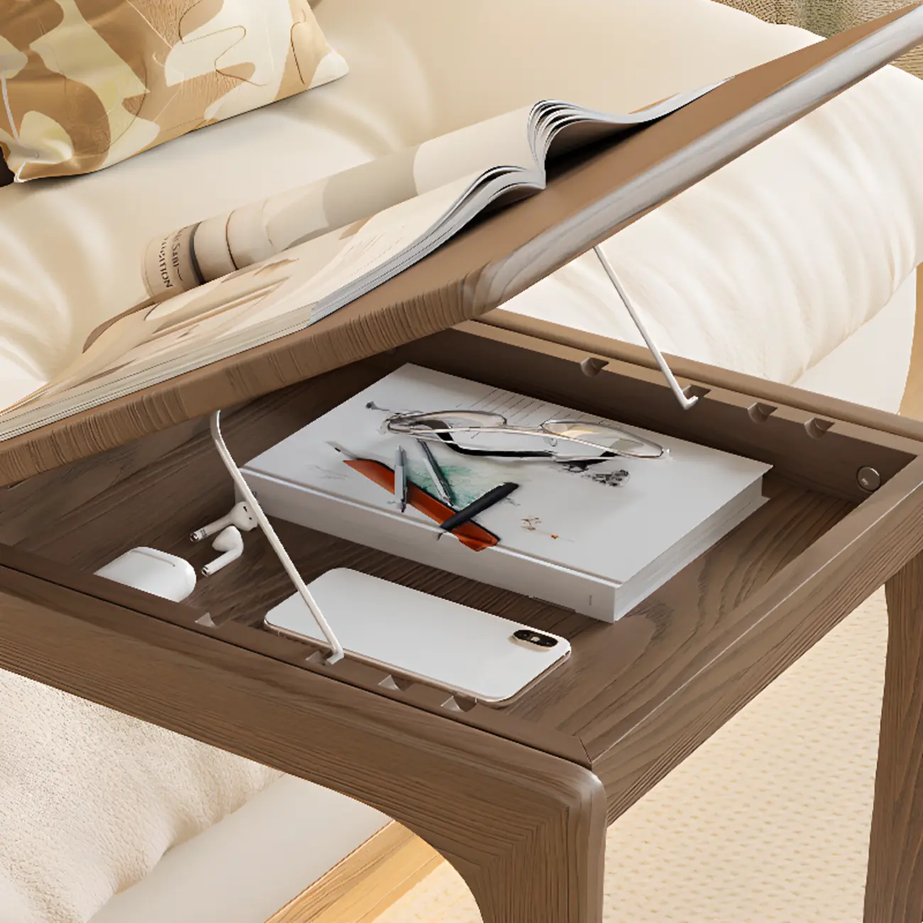 Scandinavian Wooden Flip-Top C-Shaped Side Table with Wheels