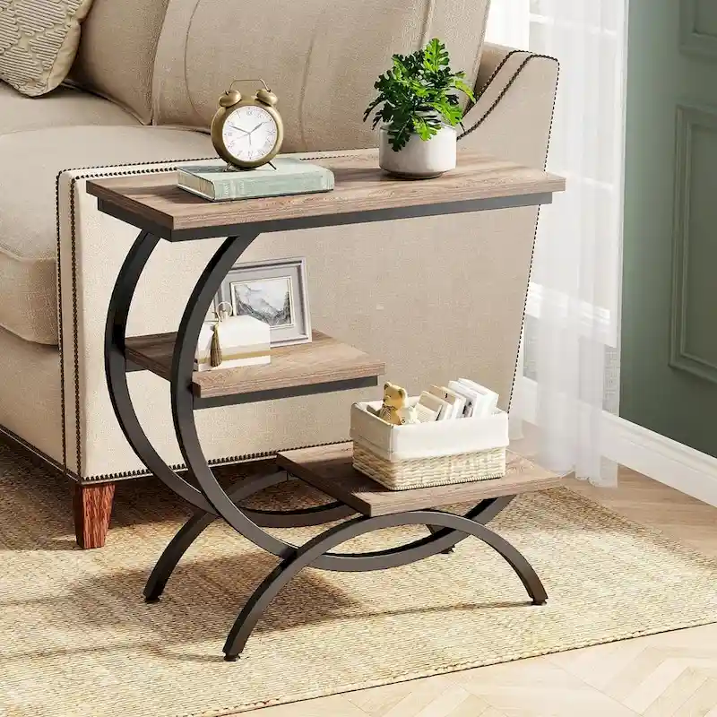 C-Shaped Side Table, 3-Tier Wood End Table with Storage Shelves, Brown
