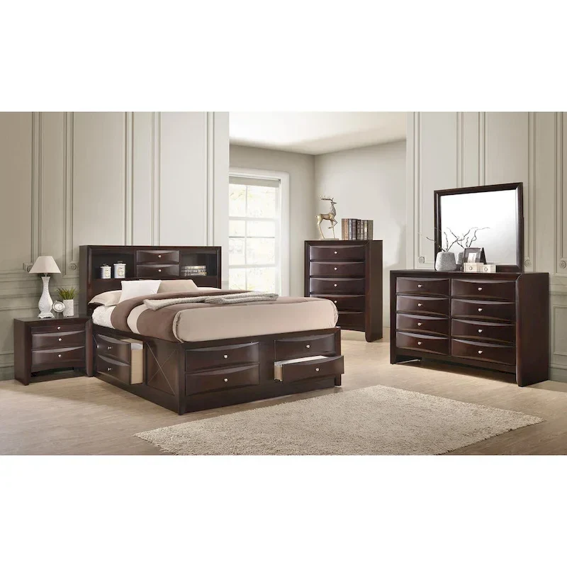 Priscella Dark Cherry Bookcase Storage Platform Bed