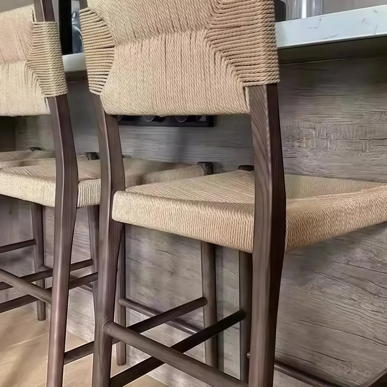 Natural Wood Woven Seat Low Back Bar Stools