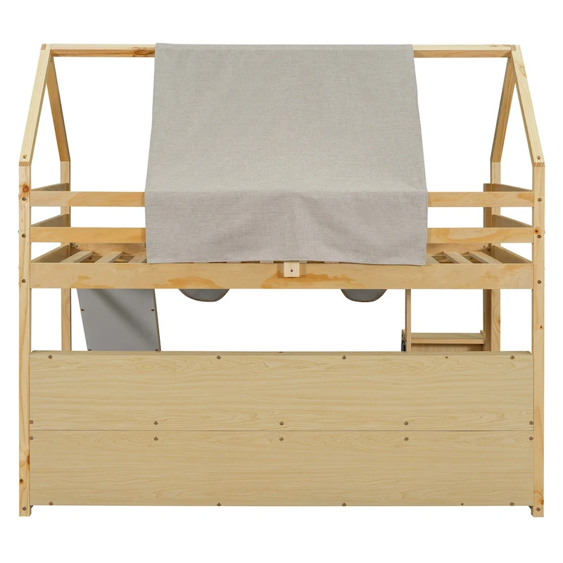 Twin Loft Bed with Play Tent, House Design, Slide & Ladder