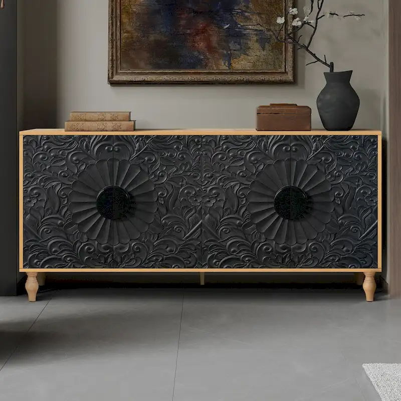 Carved Symmetrical Design Door Sideboard