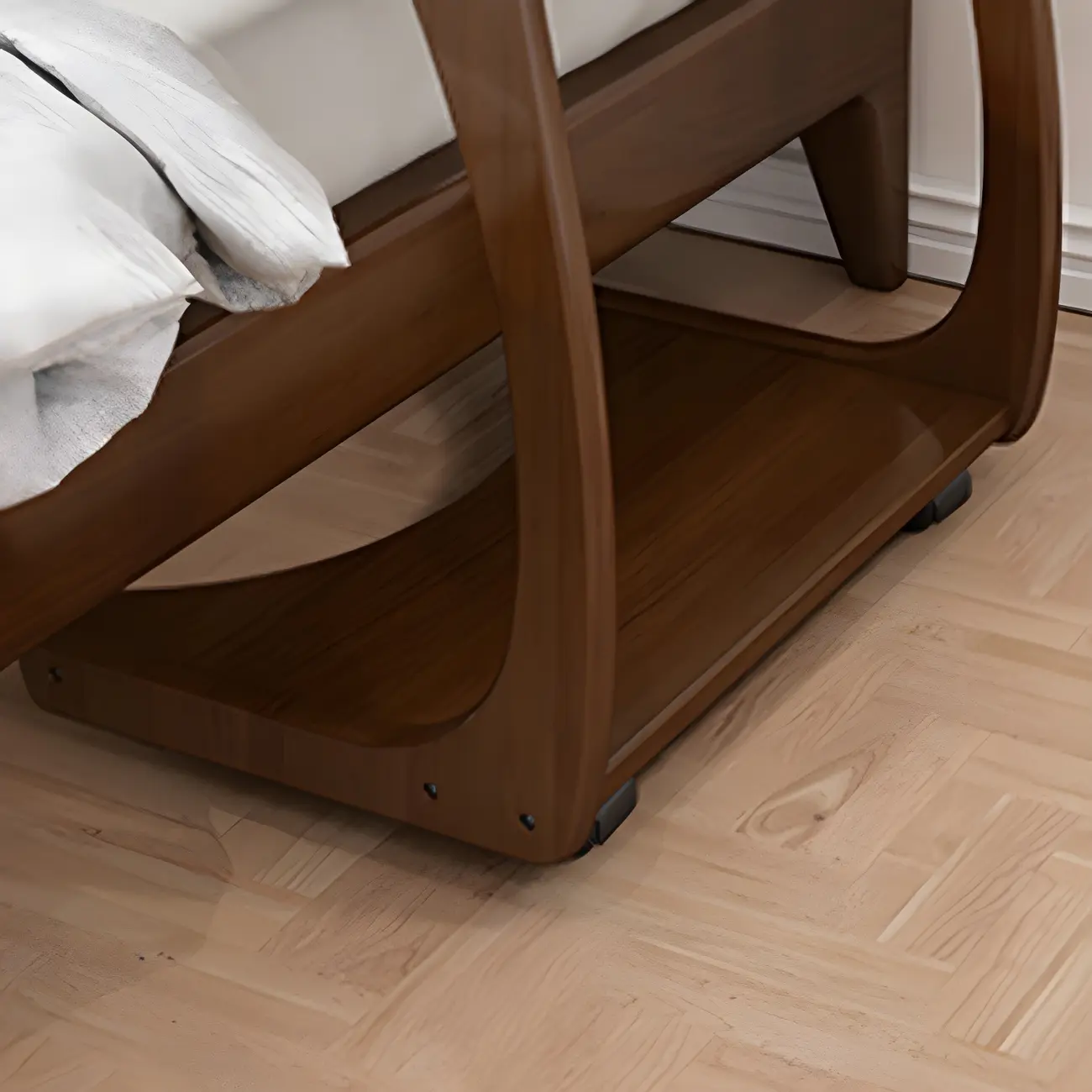 Walnut C-Shaped Side Table With Casters