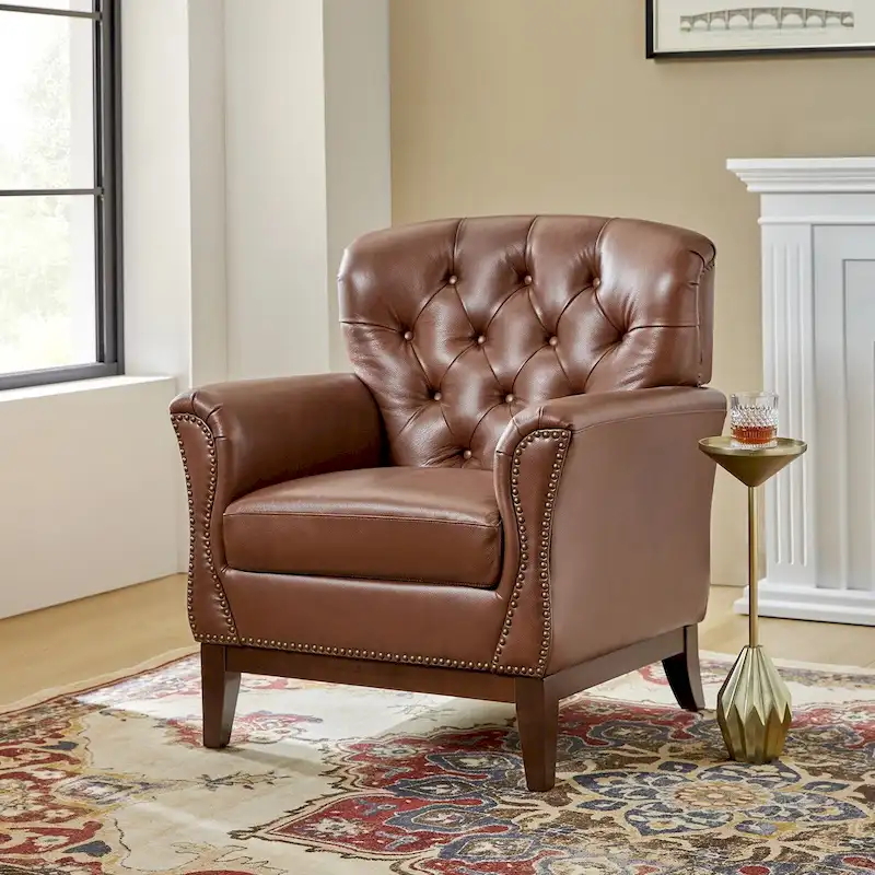 Traditional Genuine Leather Accent Chair with Tufted Wing Back