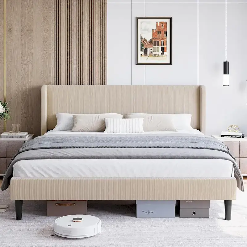 Upholstered Wingback Bed Frame with Velvet Headboard