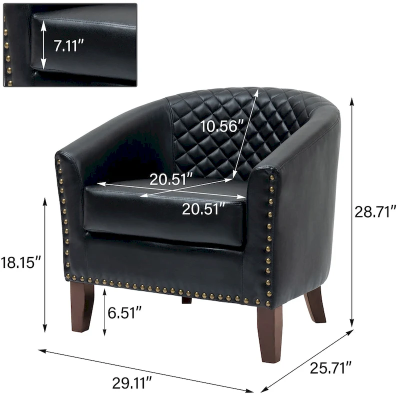 2 Set Vegan Leather Barrel Accent Chairs with Nailheads Trim