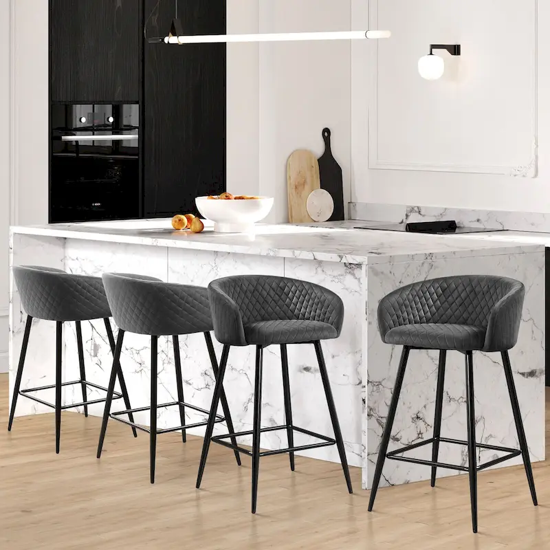 Velvet Upholstered Counter Height Bar Stools with Arms & Metal Legs - 33.9 H x 20.1 W x 20.7 D