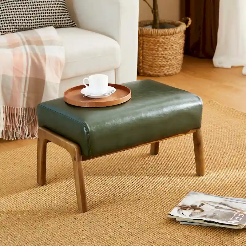 Glitzhome 24.5W Leatherette Accent Stool With Walnut Rubberwood Legs