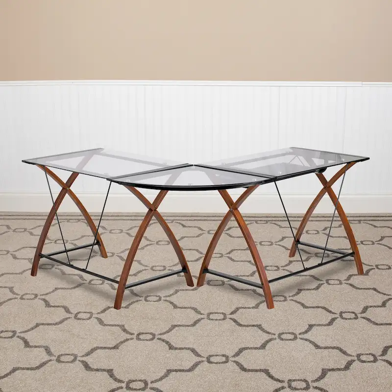 Glass L-Shape Corner Computer Desk with Pull-Out Keyboard Tray