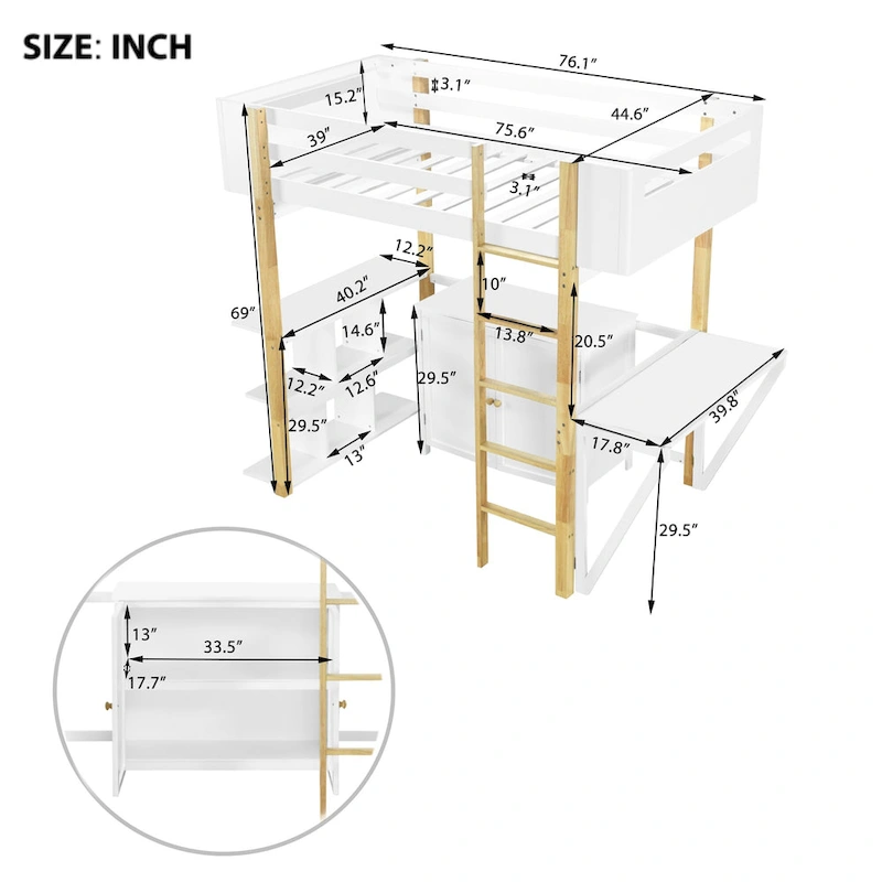 White Twin Size Solid Wood Loft Bed with Built-in Storage and Foldable Desk