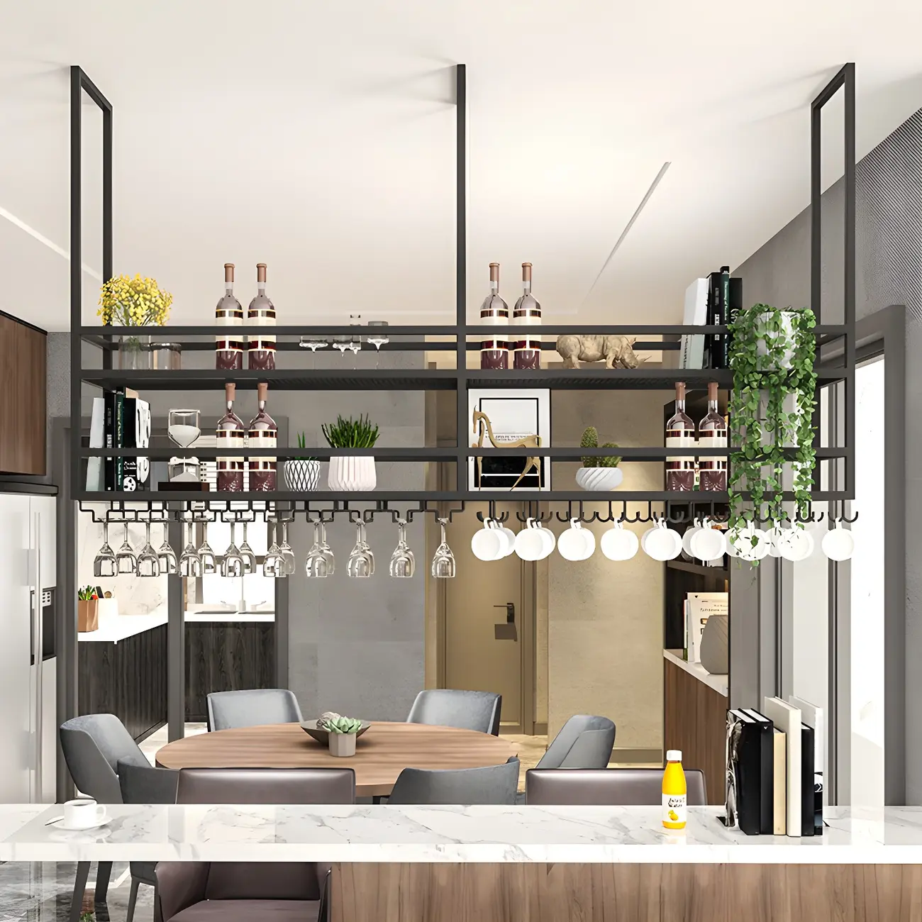 Black Metal Large Hanging Wine Rack with Glass Holder