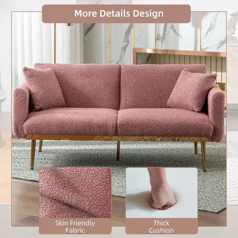 Teddy Fabric Upholstered Tufted Loveseats Sleeper Sofa With Rose Golden Legs