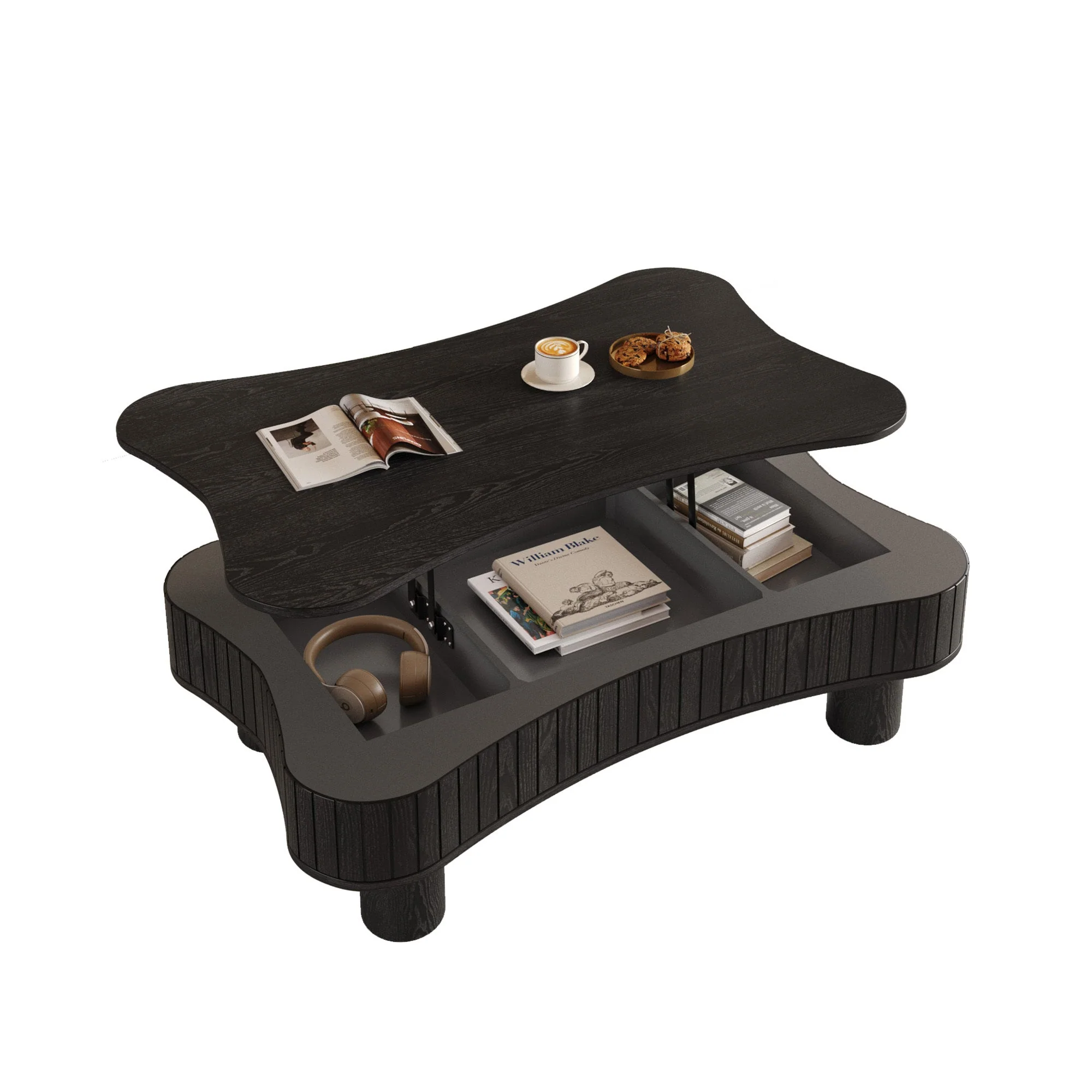 Walker Edison | Black Reeded Curve Design Lift Top Coffee Table and Desk