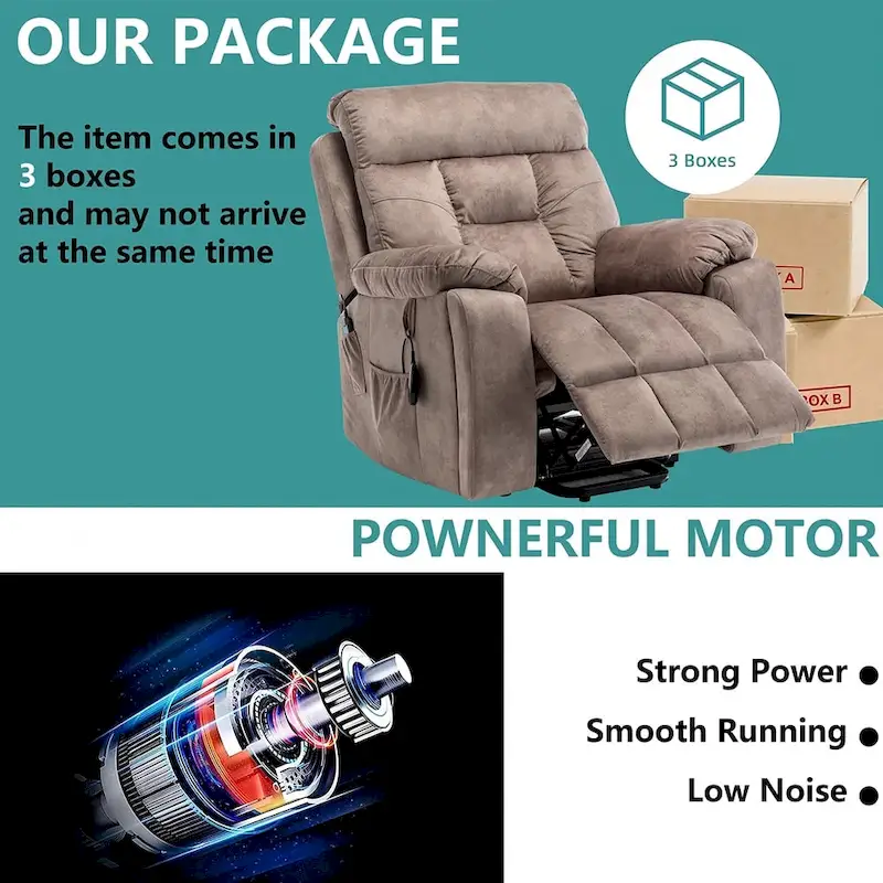 Power Lift Recliner, Massage & Heat, Velvet, 8-Point Massage, Cup Holder, Reclines 160°, Seats 1, Light/Dark Brown