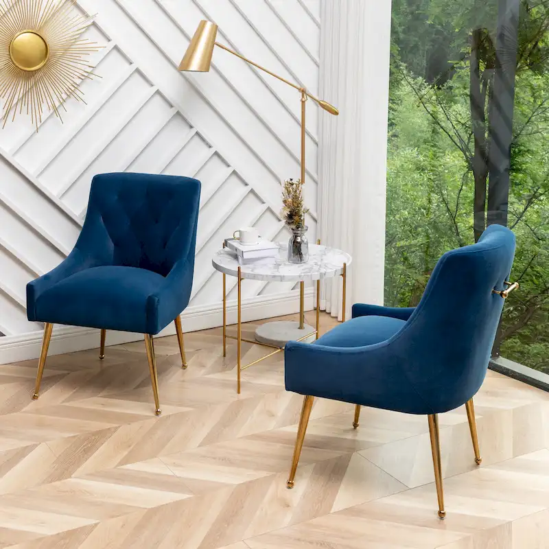 SEYNAR Modern Boucle Velvet Upholstered Accent Dining Chair Set of 2 Tufted Back Armless Chair with Golden Legs