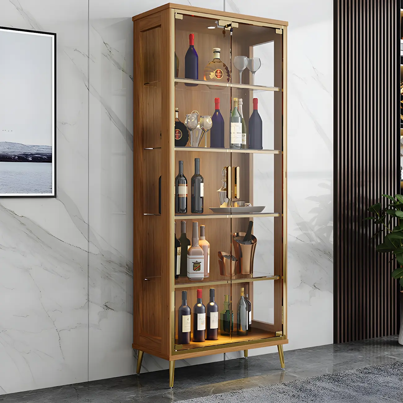 Glam Black Wooden Glass Display Cabinet