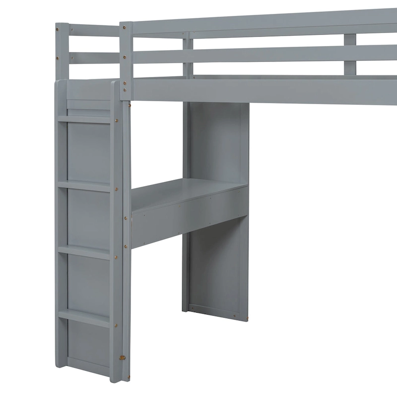 Gray Full Size Solid Wood Loft Bed with Shelves, Writing Desk, and LED Light