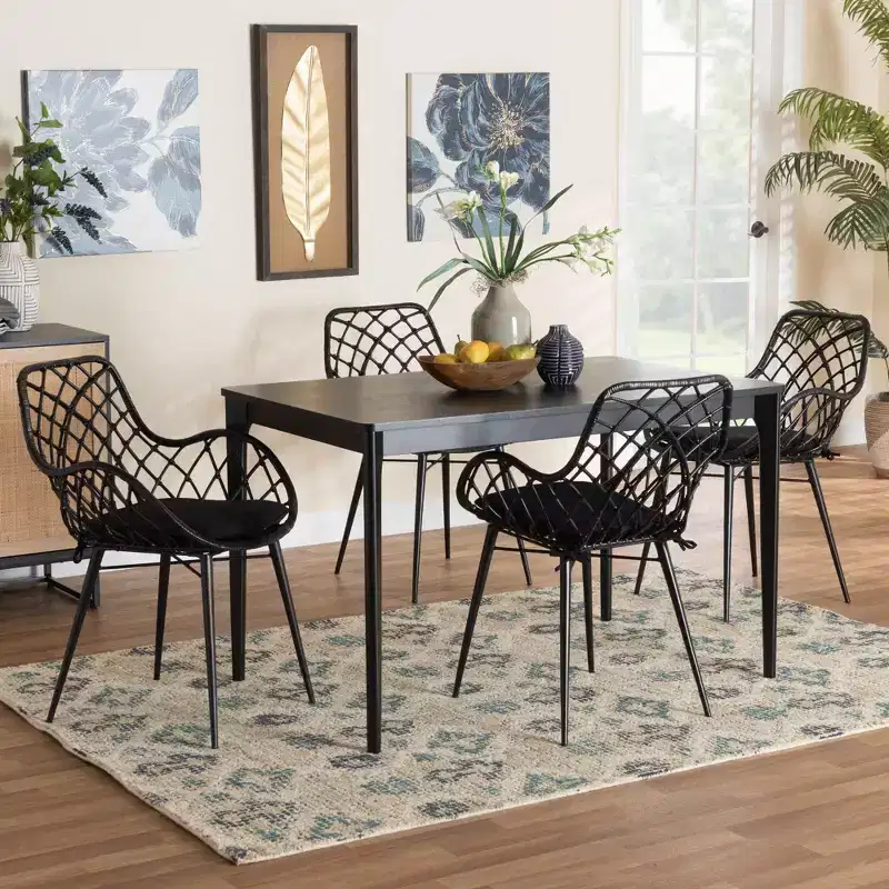 Black Rattan & Wood 5-Piece Dining Set for 4