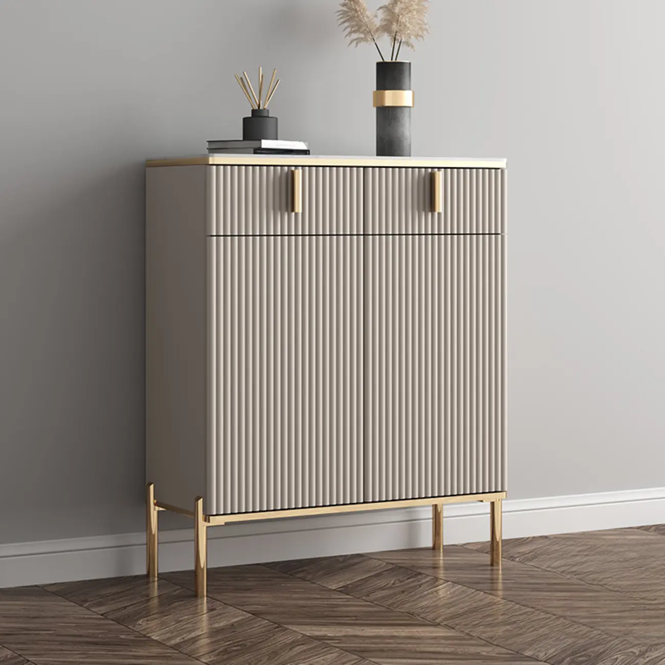 Glam Light Coffee Wood Entryway Shoe Cabinet