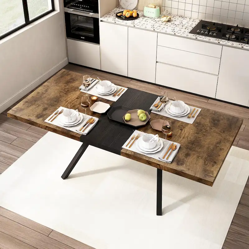 Retro Rectangular Stretch Dining Table with Cross Iron Base