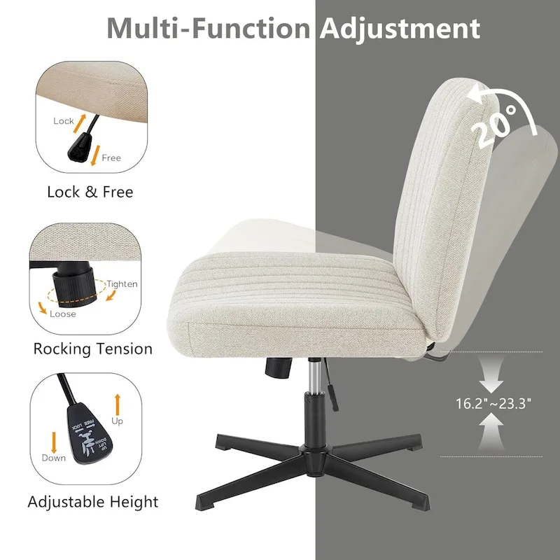 Criss Cross Legged Office, Wide Comfty Desk, Wheels Armless Computer Task, Swivel Vanity Home Chair, Height Adjustable