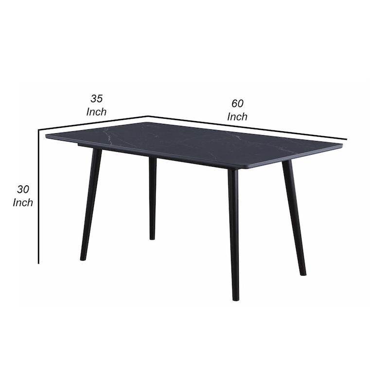 Aikya 60 Inch Dining Table, Black Sintered Stone, Tapered Metal Legs